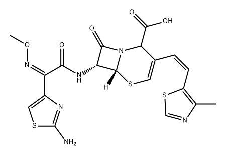 5-Thia-1-azabicyclo[4.2.0]oct-3-ene-2-carboxylic acid, 7-[[(2Z)-2-(2-amino-4-thiazolyl)-2-(methoxyimino)acetyl]amino]-3-[(1Z)-2-(4-methyl-5-thiazolyl)ethenyl]-8-oxo-, (6R,7R)- Structure