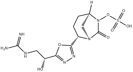 (1R,2S,5R)-2-[5-[(1R)-2-[(Aminoiminomethyl)amino]-1-hydroxyethyl]-1,3,4-oxadiazol-2-yl]-7-oxo-1,6-diazabicyclo[3.2.1]oct-6-ylhydrogen sulfate Structure