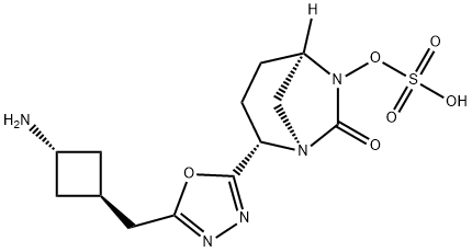 (1R,2S,5R)-2-[5-[(trans-3-Aminocyclobutyl)methyl]-1,3,4-oxadiazol-2-yl]-7-oxo-1,6-diazabicyclo[3.2.1]oct-6-yl hydrogen sulfate Structure