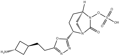 (1R,2S,5R)-2-[5-[2-(trans-3-Aminocyclobutyl)ethyl]-1,3,4-oxadiazol-2-yl]-7-oxo-1,6-diazabicyclo[3.2.1]oct-6-yl hydrogen sulfate Structure