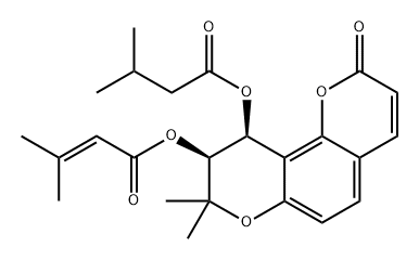 2-Butenoic acid, 3-methyl-, 9,10-dihydro-8,8-dimethyl-10-(3-methyl-1-oxobutoxy)-2-oxo-2H,8H-benzo[1,2-b:3,4-b']dipyran-9-yl ester, (9S,10S)- (9CI) Structure