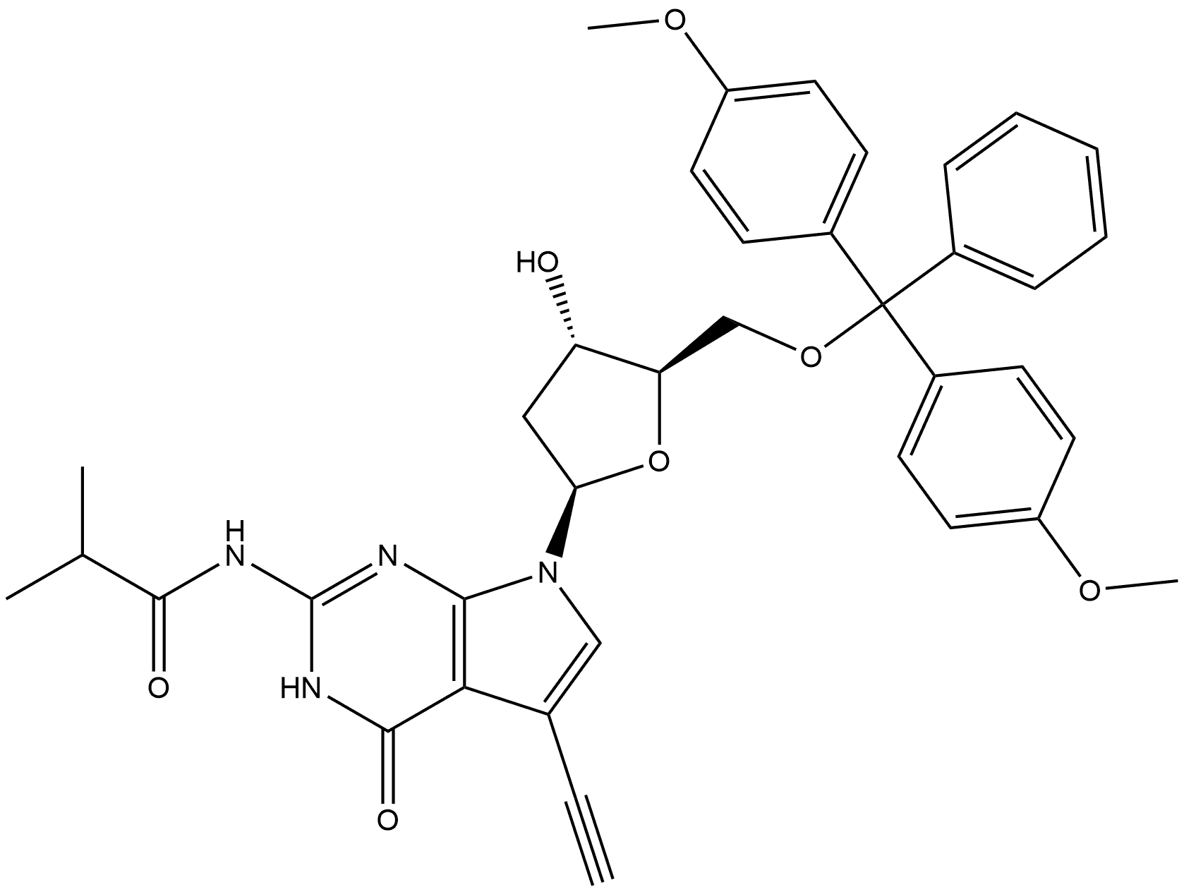 N2-iso-Butyryl-5′-O-(4,4′-dimethoxytrityl)-7-ethynyl-7-deaza-2'-deoxyguanosine Structure