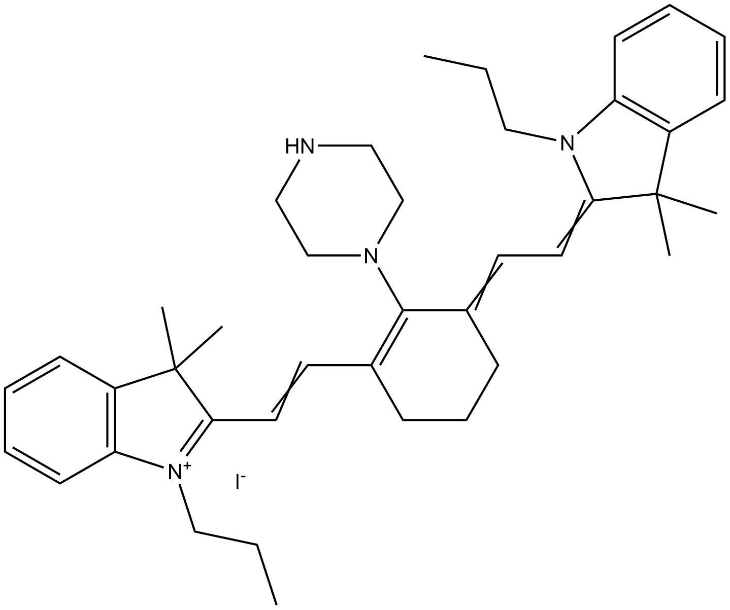 2-[2-[3-[2-(1,3-Dihydro-3,3-dimethyl-1-propyl-2H-indol-2-ylidene)ethylidene]-2-(1-piperazinyl)-1-cyclohexen-1-yl]ethenyl]-3,3-dimethyl-1-propyl-3H-indolium iodide (1:1) Structure