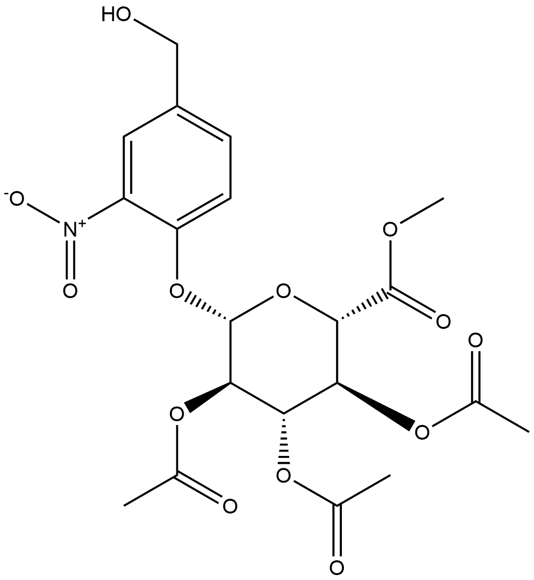 (25,3R,45,55,65)-2-(4-(hydroxymethyl)-2-nitrophenoxy)-6-(methoxycarbonyl)tetrahydro-2H-pyran-3,4,5-triyl triacetate Structure