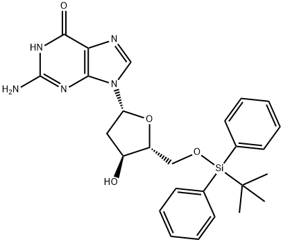 2-Amino-9-((2R,4S,5R)-5-(((tert-butyldiphenylsilyl)oxy)methyl)-4-hydroxytetrahydrofuran-2-yl)-1H-purin-6(9H)-one 구조식 이미지