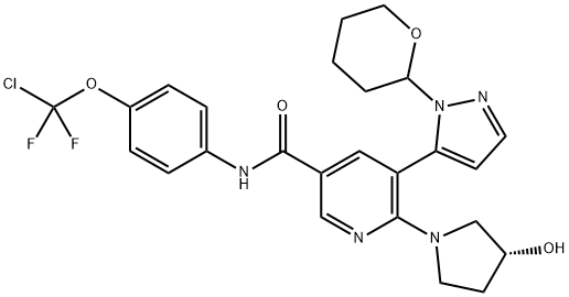 3-Pyridinecarboxamide, N-[4-(chlorodifluoromethoxy)phenyl]-6-[(3R)-3-hydroxy-1-pyrrolidinyl]-5-[1-(tetrahydro-2H-pyran-2-yl)-1H-pyrazol-5-yl]- Structure