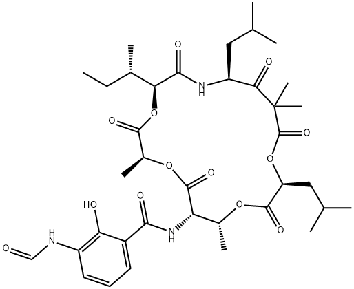 Benzamide, 3-(formylamino)-2-hydroxy-N-[(2S,5S,8S,13S,16R,17S)-2,10,10,16-tetramethyl-5-[(1S)-1-methylpropyl]-8,13-bis(2-methylpropyl)-3,6,9,11,14,18-hexaoxo-1,4,12,15-tetraoxa-7-azacyclooctadec-17-yl]- 구조식 이미지