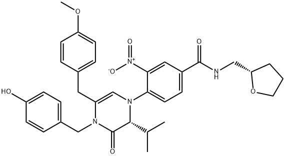 4-[(2R)-3,4-Dihydro-4-[(4-hydroxyphenyl)methyl]-5-[(4-methoxyphenyl)methyl]-2-(1-methylethyl)-3-oxo-1(2H)-pyrazinyl]-3-nitro-N-[[(2S)-tetrahydro-2-furanyl]methyl]benzamide Structure