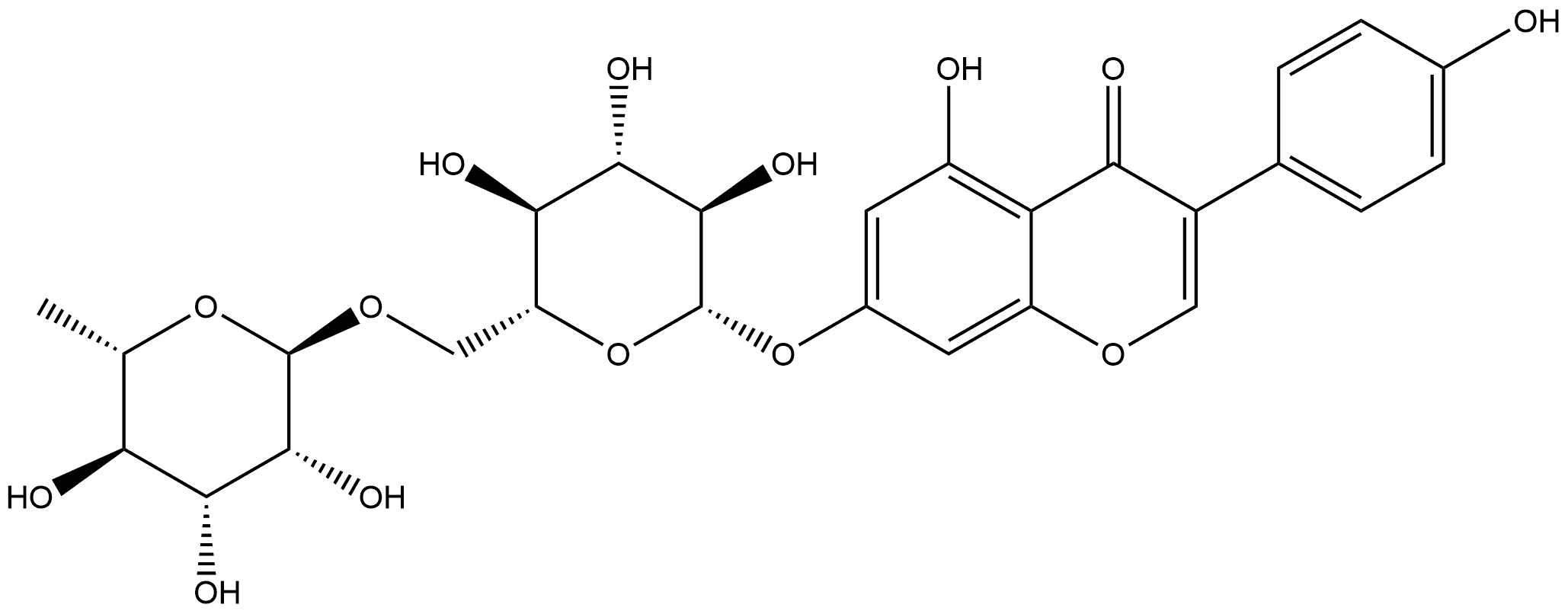 4H-1-Benzopyran-4-one, 7-[[6-O-(6-deoxy-α-L-mannopyranosyl)-β-D-glucopyranosyl]oxy]-5-hydroxy-3-(4-hydroxyphenyl)- Structure