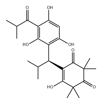 4-Cyclohexene-1,3-dione, 5-hydroxy-2,2,6,6-tetramethyl-4-[(1S)-2-methyl-1-[2,4,6-trihydroxy-3-(2-methyl-1-oxopropyl)phenyl]propyl]- Structure