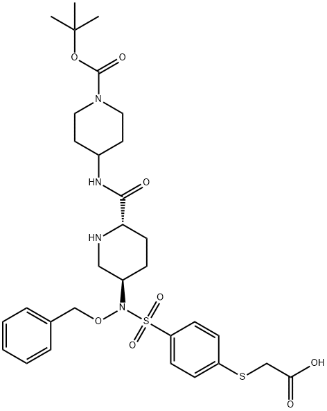 1-Piperidinecarboxylic acid, 4-[[[(2S,5R)-5-[[[4-[(carboxymethyl)thio]phenyl]sulfonyl](phenylmethoxy)amino]-2-piperidinyl]carbonyl]amino]-, 1-(1,1-dimethylethyl) ester Structure