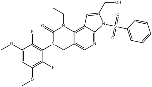 2H-Pyrrolo[3',2':5,6]pyrido[4,3-d]pyrimidin-2-one, 3-(2,6-difluoro-3,5-dimethoxyphenyl)-1-ethyl-1,3,4,7-tetrahydro-8-(hydroxymethyl)-7-(phenylsulfonyl)- Structure