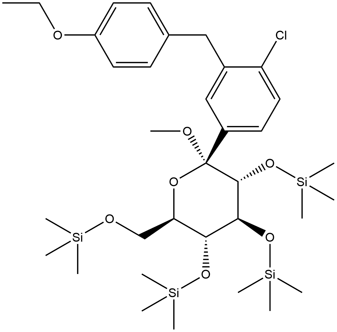 α-D-Glucopyranoside, methyl 1-C-[4-chloro-3-[(4-ethoxyphenyl)methyl]phenyl]-2,3,4,6-tetrakis-O-(trimethylsilyl)- 구조식 이미지