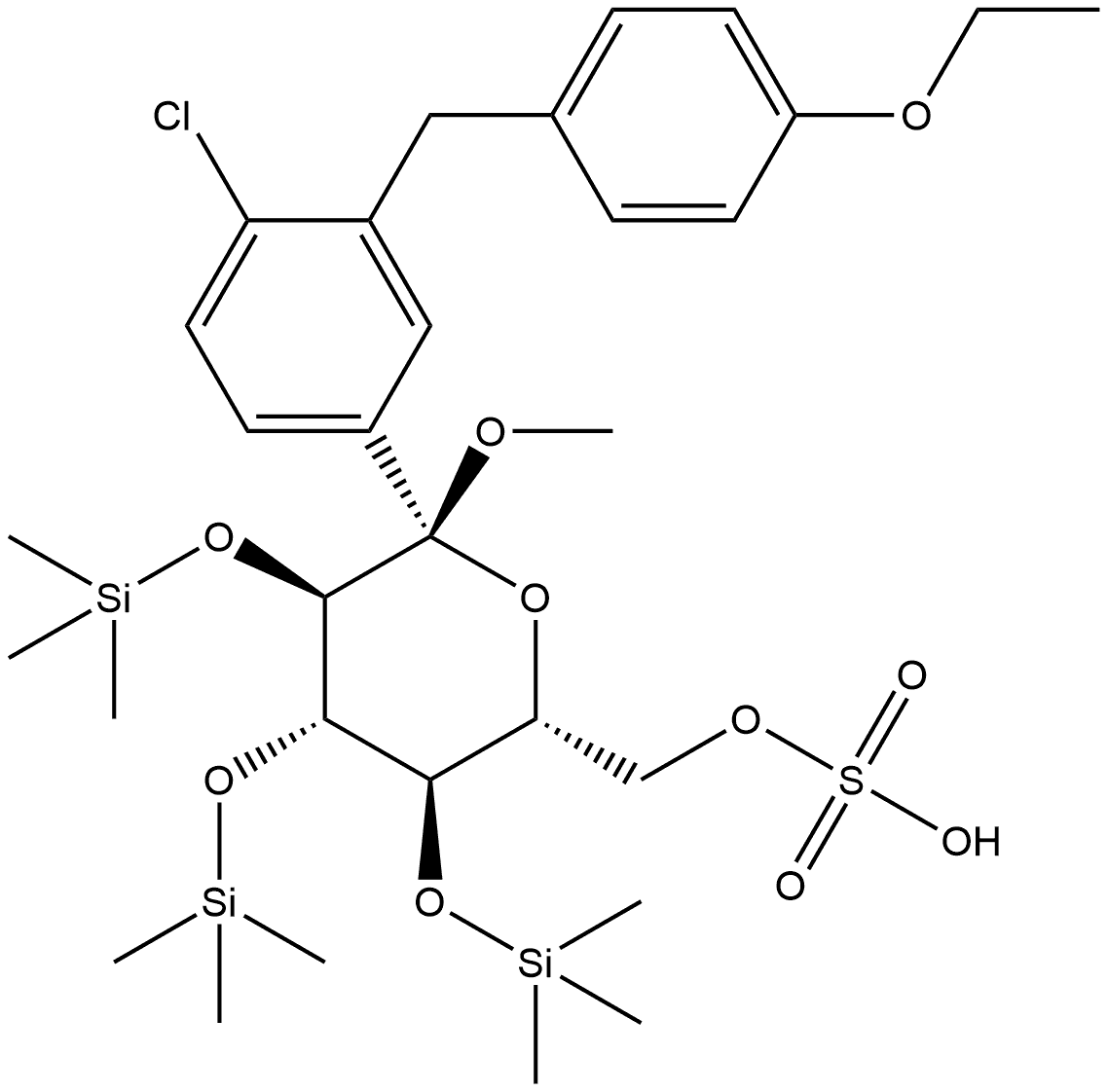 α-D-Glucopyranoside, methyl 1-C-[4-chloro-3-[(4-ethoxyphenyl)methyl]phenyl]-2,3,4-tris-O-(trimethylsilyl)-, 6-(hydrogen sulfate) Structure