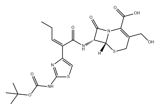 5-Thia-1-azabicyclo[4.2.0]oct-2-ene-2-carboxylic acid, 7-[[(2Z)-2-[2-[[(1,1-dimethylethoxy)carbonyl]amino]-4-thiazolyl]-1-oxo-2-penten-1-yl]amino]-3-(hydroxymethyl)-8-oxo-, (6R,7R)- Structure