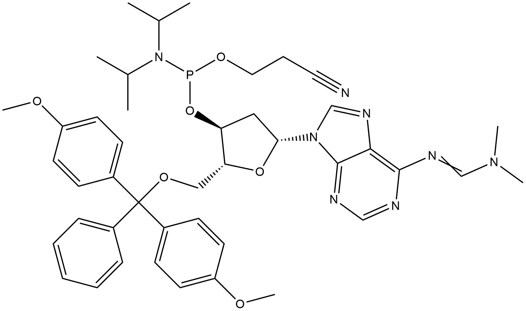 Adenosine, 5'-O-[bis(4-methoxyphenyl)phenylmethyl]-2'-deoxy-N-[(dimethylamino)methylene]-, 3'-[2-cyanoethyl N,N-bis(1-methylethyl)phosphoramidite] Structure