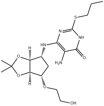 4(3H)-Pyrimidinone, 5-amino-2-(propylthio)-6-[[(3aS,4R,6S,6aR)-tetrahydro-6-(2-hydroxyethoxy)-2,2-dimethyl-4H-cyclopenta-1,3-dioxol-4-yl]amino]- 구조식 이미지