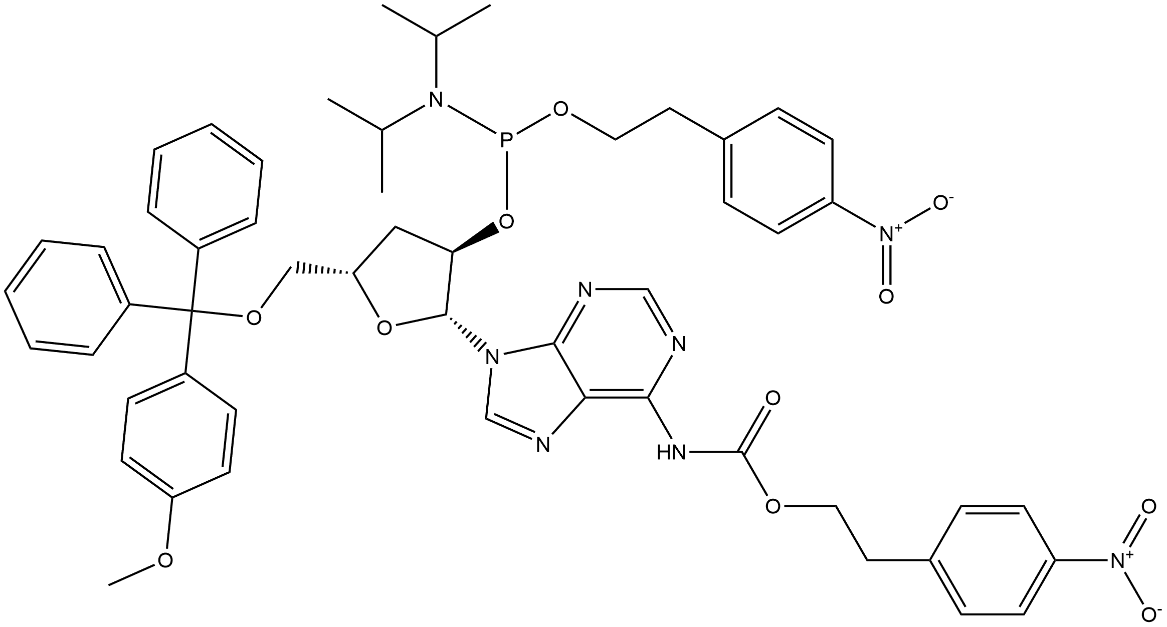 Adenosine, 3′-deoxy-5′-O-[(4-methoxyphenyl)diphenylmethyl]-N-[[2-(4-nitrophenyl)ethoxy]carbonyl]-, 2′-[2-(4-nitrophenyl)ethyl bis(1-methylethyl)phosphoramidite] Structure