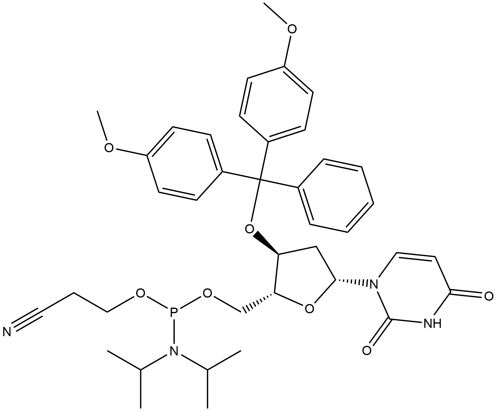 Uridine, 3'-O-[bis(4-methoxyphenyl)phenylmethyl]-2'-deoxy-, 5'-[2-cyanoethyl bis(1-methylethyl)phosphoramidite] (9CI) Structure