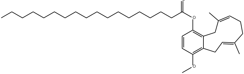 Octadecanoic acid, (6E,10Z)-5,8,9,12-tetrahydro-4-methoxy-7,11-dimethyl-1-benzocyclodecenyl ester 구조식 이미지