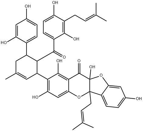 11H-Benzofuro[3,2-b][1]benzopyran-11-one, 2-[6-[2,4-dihydroxy-3-(3-methyl-2-butenyl)benzoyl]-5-(2,4-dihydroxyphenyl)-3-methyl-2-cyclohexen-1-yl]-5a,10a-dihydro-1,3,8,10a-tetrahydroxy-5a-(3-methyl-2-butenyl)- (9CI) Structure