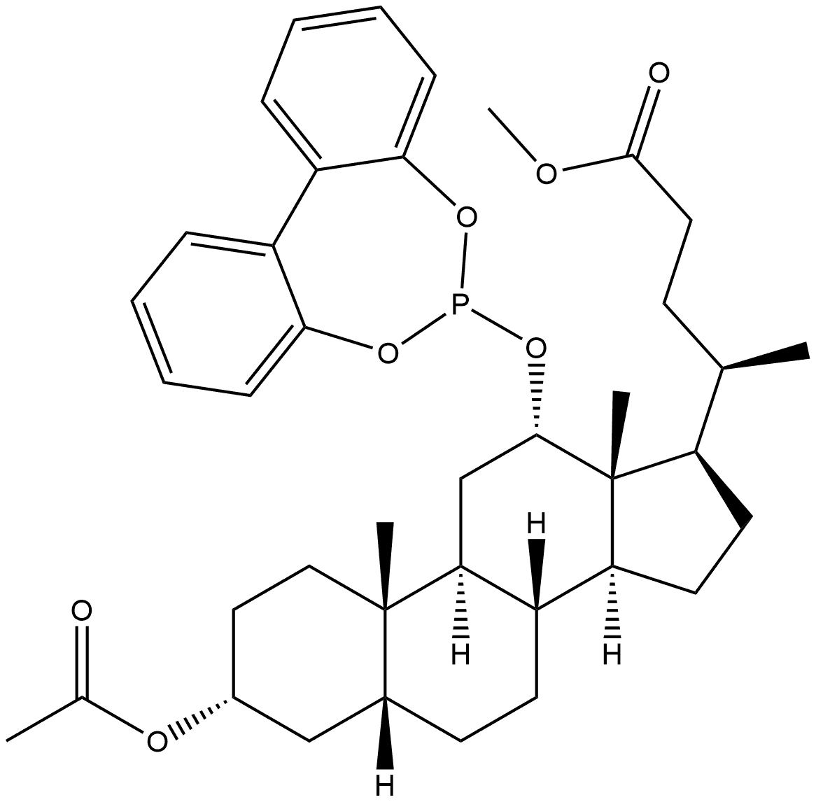 Cholan-24-oic acid, 3-(acetyloxy)-12-(dibenzo[d,f][1,3,2]dioxaphosphepin-6-yloxy)-, methyl ester, (3α,5β,12α)- Structure