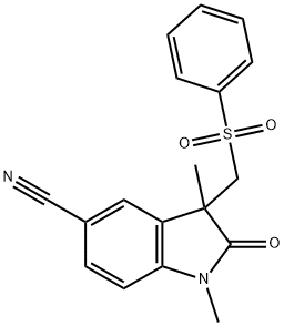 1, 3-dimethyl-2-oxo-3-((phenylsulfonyl)methyl)indoline-5-carbonitrile Structure