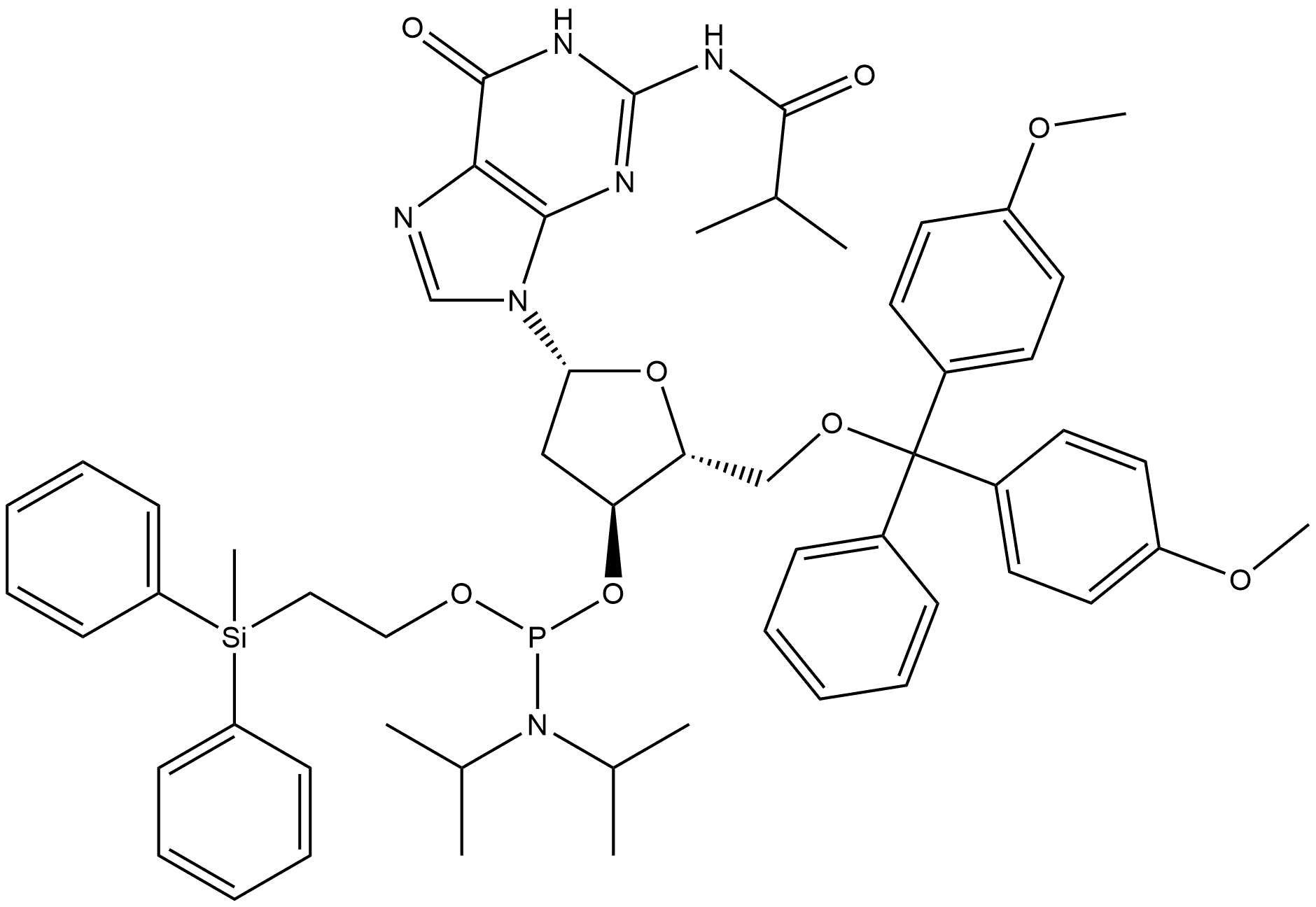 Guanosine, 5′-O-[bis(4-methoxyphenyl)phenylmethyl]-2′-deoxy-N-(2-methyl-1-oxopropyl)-, 3′-[2-(methyldiphenylsilyl)ethyl bis(1-methylethyl)phosphoramidite] Structure