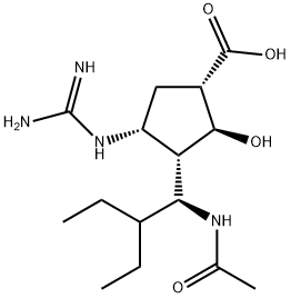 Cyclopentanecarboxylic acid, 3-[(1S)-1-(acetylamino)-2-ethylbutyl]-4-[(aminoiminomethyl)amino]-2-hydroxy-, (1S,2S,3S,4R)- Structure