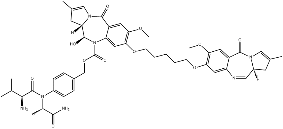 L-Alaninamide, L-valyl-N-[4-[[[[(11S,11aS)-8-[[5-[[(11aS)-5,11a-dihydro-7-methoxy-2-methyl-5-oxo-1H-pyrrolo[2,1-c][1,4]benzodiazepin-8-yl]oxy]pentyl]oxy]-11,11a-dihydro-11-hydroxy-7-methoxy-2-methyl-5-oxo-1H-pyrrolo[2,1-c][1,4]benzodiazepin-10(5H)-yl]carbonyl]oxy]methyl]phenyl]- Structure