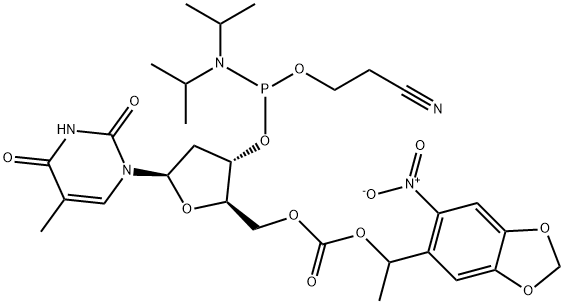 Thymidine, 3'-[2-cyanoethyl N,N-bis(1-methylethyl)phosphoramidite] 5'-[1-(6-nitro-1,3-benzodioxol-5-yl)ethyl carbonate] Structure