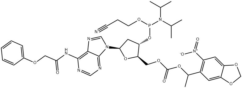 Adenosine, 2'-deoxy-N-(2-phenoxyacetyl)-, 3'-[2-cyanoethyl N,N-bis(1-methylethyl)phosphoramidite] 5'-[1-(6-nitro-1,3-benzodioxol-5-yl)ethyl carbonate] Structure