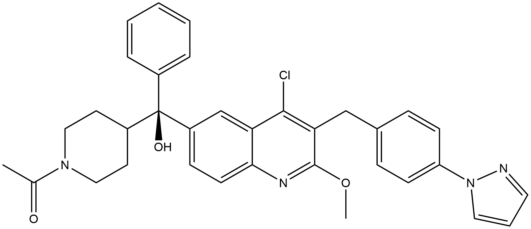 Ethanone, 1-[4-[(S)-[4-chloro-2-methoxy-3-[[4-(1H-pyrazol-1-yl)phenyl]methyl]-6-quinolinyl]hydroxyphenylmethyl]-1-piperidinyl]- Structure