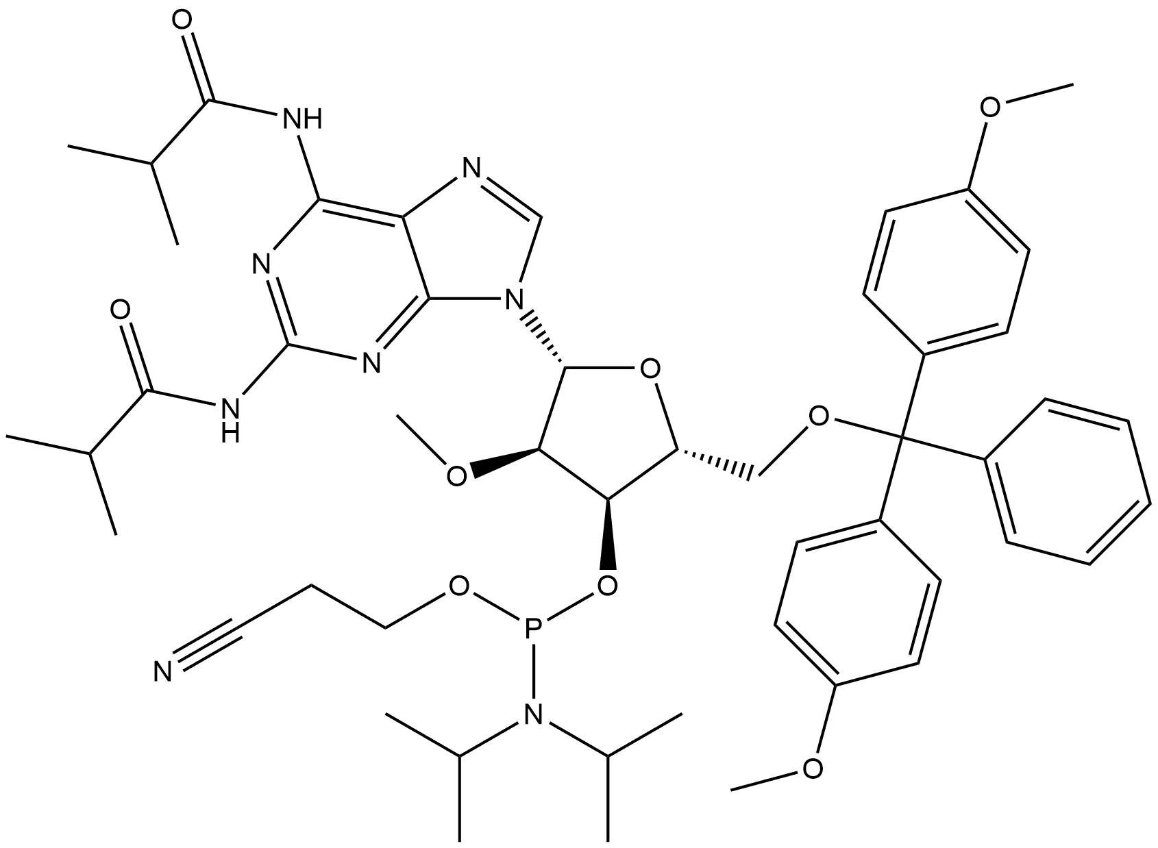 Adenosine, 5'-O-[bis(4-methoxyphenyl)phenylmethyl]-2'-O-methyl-N-(2-methyl-1-oxopropyl)-2-[(2-methyl-1-oxopropyl)amino]-, 3'-[2-cyanoethyl N,N-bis(1-methylethyl)phosphoramidite] Structure