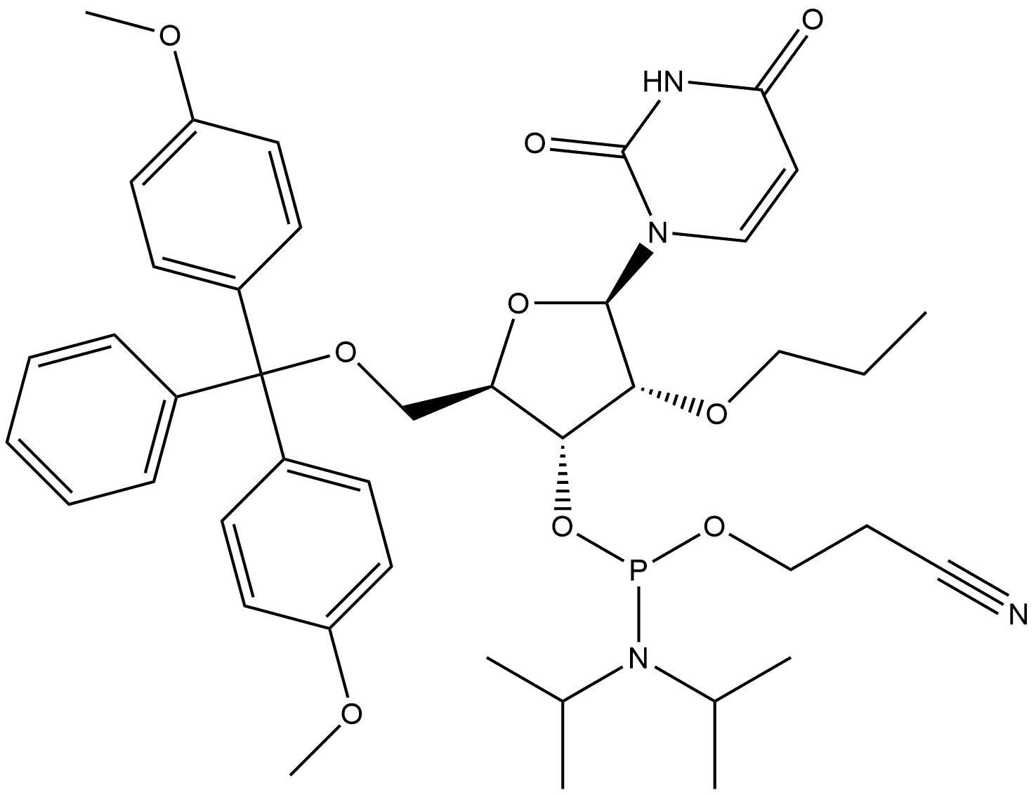 Uridine, 5'-O-[bis(4-methoxyphenyl)phenylmethyl]-2'-O-propyl-, 3'-[2-cyanoethyl bis(1-methylethyl)phosphoramidite] (9CI) Structure