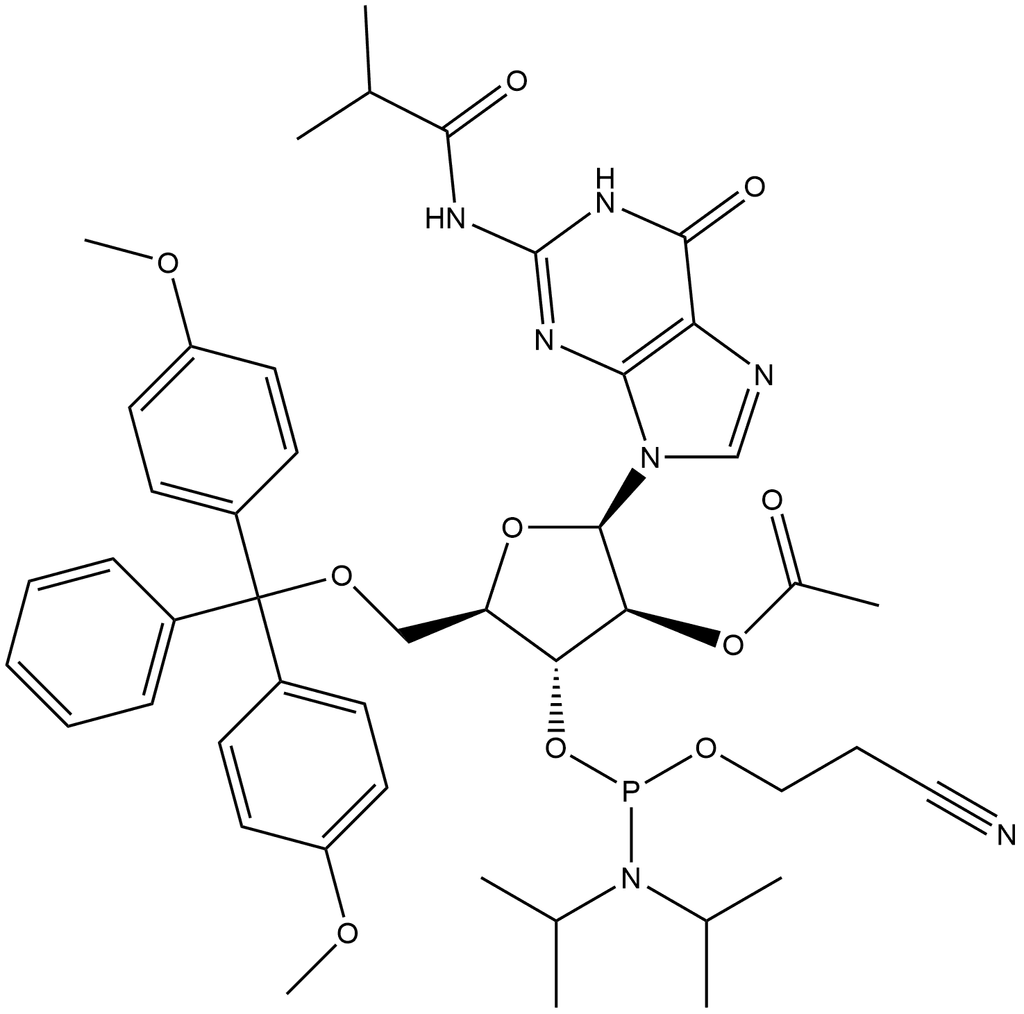 N-[9-[2-O-Acetyl-5-O-[bis(4-methoxyphenyl)phenylmethyl]-3-O-[[bis(1-methylethyl)amino](2-cyanoethoxy)phosphino]-β-D-arabinofuranosyl]-6,9-dihydro-6-oxo-1H-purin-2-yl]-2-methylpropanamide 구조식 이미지