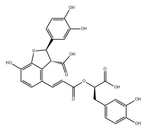 3-Benzofurancarboxylic acid, 4-[(1E)-3-[(1R)-1-carboxy-2-(3,4-dihydroxyphenyl)ethoxy]-3-oxo-1-propen-1-yl]-2-(3,4-dihydroxyphenyl)-2,3-dihydro-7-hydroxy-, (2R,3R)- Structure