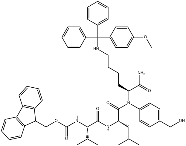 L-Lysinamide, N-[(9H-fluoren-9-ylmethoxy)carbonyl]-L-valyl-L-leucyl-N6-[(4-methoxyphenyl)diphenylmethyl]-N-[4-(hydroxymethyl)phenyl]- Structure