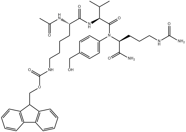 L-Ornithinamide, N2-acetyl-N6-[(9H-fluoren-9-ylmethoxy)carbonyl]-L-lysyl-L-valyl-N5-(aminocarbonyl)-N-[4-(hydroxymethyl)phenyl]- Structure