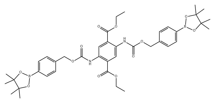 1,4-Benzenedicarboxylic acid, 2,5-bis[[[[4-(4,4,5,5-tetramethyl-1,3,2-dioxaborolan-2-yl)phenyl]methoxy]carbonyl]amino]-, 1,4-diethyl ester Structure