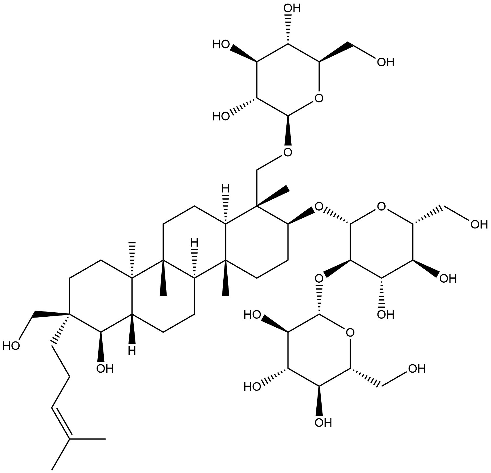 β-D-Glucopyranoside, (1R,2S,4aR,4bR,6aS,7R,8R,10aR,10bR,12aR)-1-[(β-D-glucopyranosyloxy)methyl]octadecahydro-7-hydroxy-8-(hydroxymethyl)-1,4a,10a,10b-tetramethyl-8-(4-methyl-3-pentenyl)-2-chrysenyl 2-O-β-D-glucopyranosyl- (9CI) Structure