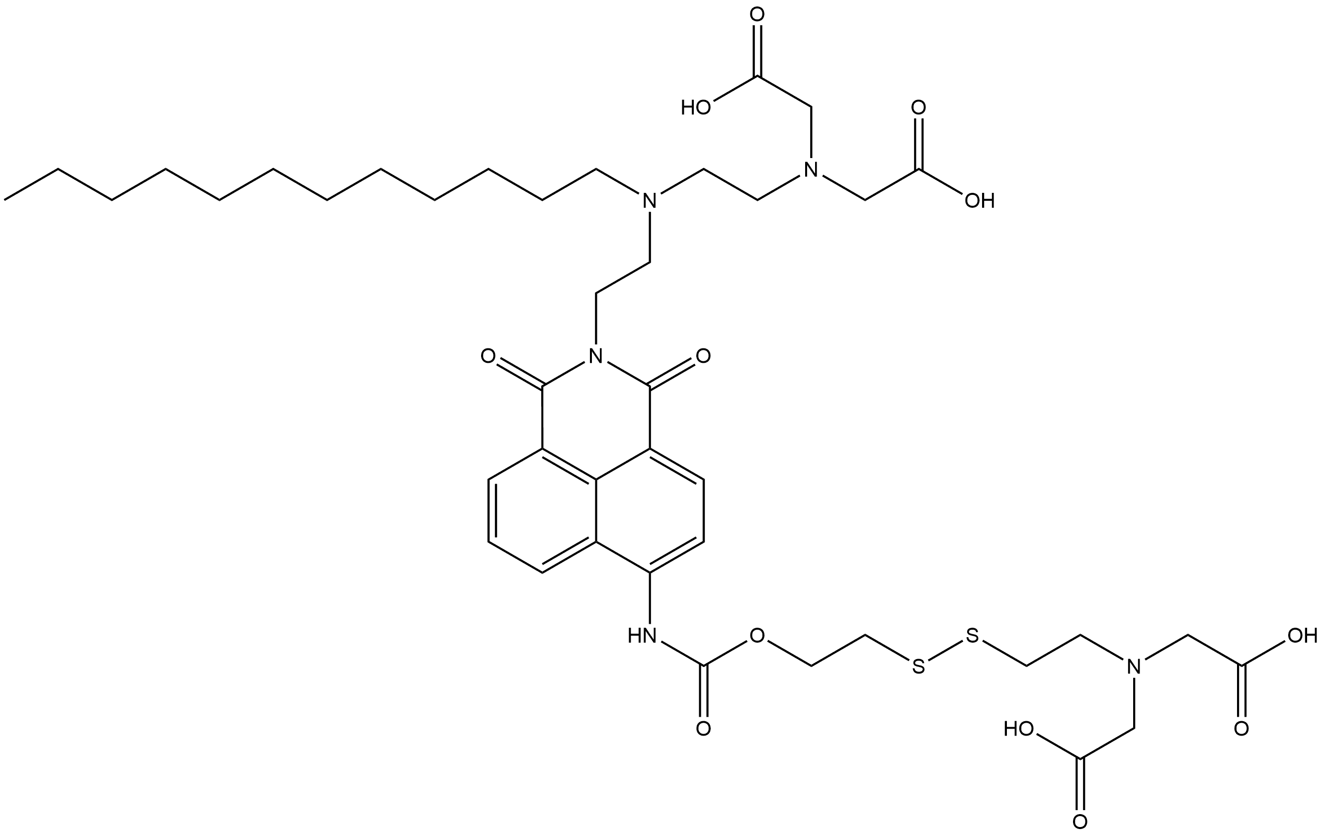 Glycine, N-[2-[[2-[6-[[[2-[[2-[bis(carboxymethyl)amino]ethyl]dithio]ethoxy]carbonyl]amino]-1,3-dioxo-1H-benz[de]isoquinolin-2(3H)-yl]ethyl]dodecylamino]ethyl]-N-(carboxymethyl)- Structure