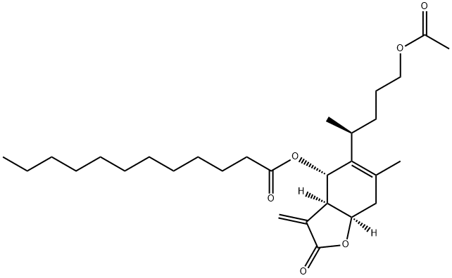 Dodecanoic acid, (3aR,4S,7aR)-5-[(1S)-4-(acetyloxy)-1-methylbutyl]-2,3,3a,4,7,7a-hexahydro-6-methyl-3-methylene-2-oxo-4-benzofuranyl ester Structure