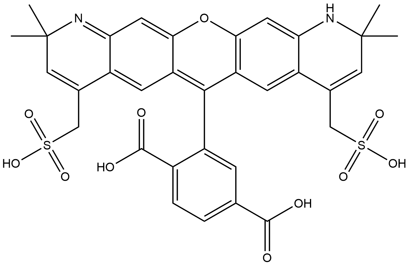 2-[1,10-Dihydro-2,2,10,10-tetramethyl-4,8-bis(sulfomethyl)-2H-pyrano[3,2-g:5,6-g′]diquinolin-6-yl]-1,4-benzenedicarboxylic acid Structure