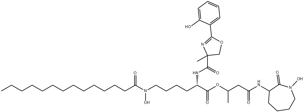 Lysine, N2-[[4,5-dihydro-2-(2-hydroxyphenyl)-4-methyl-4-oxazolyl]carbonyl]-N6-hydroxy-N6-(1-oxotetradecyl)-, 3-[(hexahydro-1-hydroxy-2-oxo-1H-azepin-3-yl)amino]-1-methyl-3-oxopropyl ester 구조식 이미지