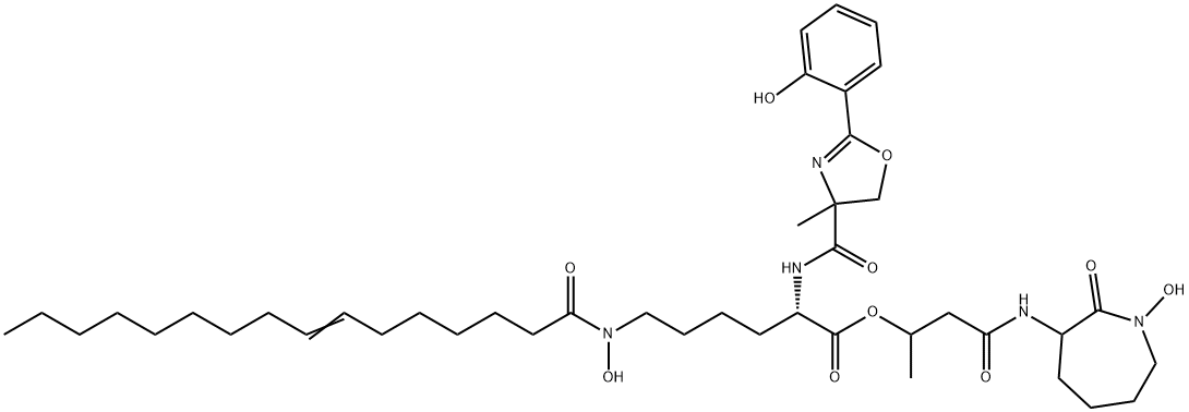 Lysine, N2-[[4,5-dihydro-2-(2-hydroxyphenyl)-4-methyl-4-oxazolyl]carbonyl]-N6-hydroxy-N6-(1-oxo-7-hexadecenyl)-, 3-[(hexahydro-1-hydroxy-2-oxo-1H-azepin-3-yl)amino]-1-methyl-3-oxopropyl ester (9CI) Structure