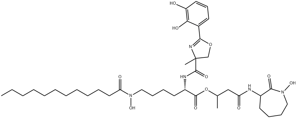 Lysine, N2-[[2-(2,3-dihydroxyphenyl)-4,5-dihydro-4-methyl-4-oxazolyl]carbonyl]-N6-hydroxy-N6-(1-oxododecyl)-, 3-[(hexahydro-1-hydroxy-2-oxo-1H-azepin-3-yl)amino]-1-methyl-3-oxopropyl ester (9CI) 구조식 이미지