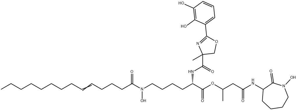 Lysine, N2-[[2-(2,3-dihydroxyphenyl)-4,5-dihydro-4-methyl-4-oxazolyl]carbonyl]-N6-hydroxy-N6-(1-oxo-5-tetradecen-1-yl)-, 3-[(hexahydro-1-hydroxy-2-oxo-1H-azepin-3-yl)amino]-1-methyl-3-oxopropyl ester Structure