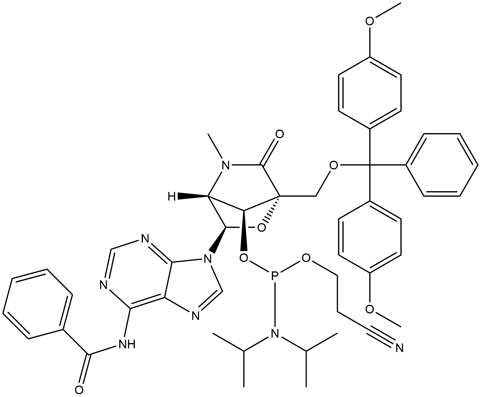 Phosphoramidous acid, N,N-bis(1-methylethyl)-, (1R,3R,4R,7S)-3-[6-(benzoylamino)-9H-purin-9-yl]-1-[[bis(4-methoxyphenyl)phenylmethoxy]methyl]-5-methyl-6-oxo-2-oxa-5-azabicyclo[2.2.1]hept-7-yl 2-cyanoethyl ester Structure