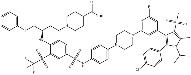 4-Piperidinecarboxylic acid, 1-[(3R)-3-[[4-[[[4-[4-[3-[2-(4-chlorophenyl)-5-methyl-1-(1-methylethyl)-4-(methylsulfonyl)-1H-pyrrol-3-yl]-5-fluorophenyl]-1-piperazinyl]phenyl]amino]sulfonyl]-2-[(trifluoromethyl)sulfonyl]phenyl]amino]-4-(phenylthio)butyl]- Structure